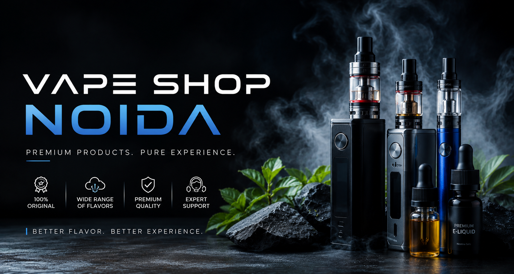 Vape shop advertisement with vape devices and branding text on a dark background